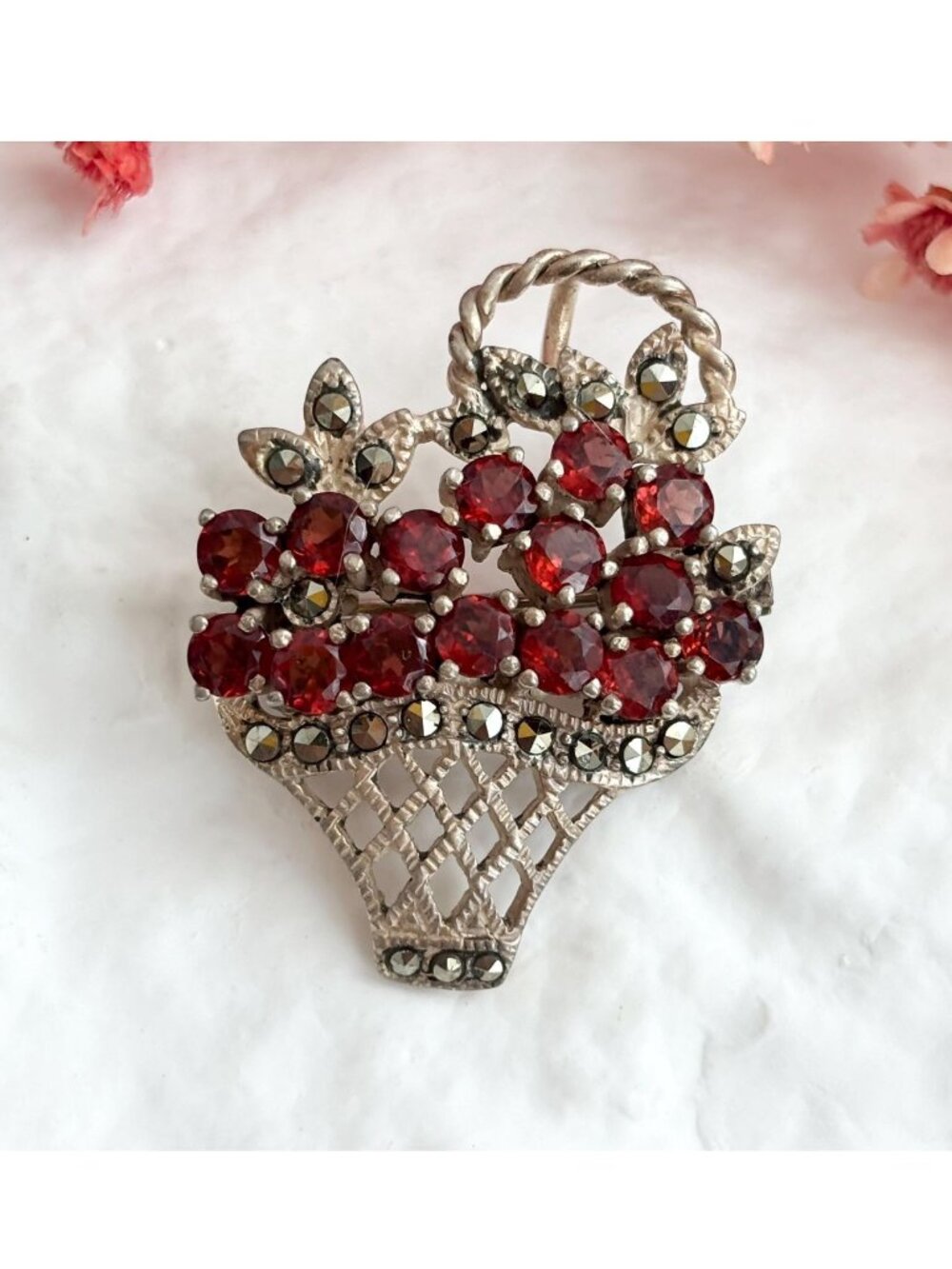 Garnet & Marcasite Butterfly Floral Basket Sterling Silver Vintage 925 Brooch